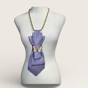 “Dainty Dapper”Elegant Purple necktie Necklace with colorful butterfly brooch